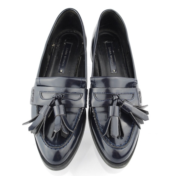 ZARA Women Navy Blue Flats Tassel Penny Loafers - Picture 2 of 8